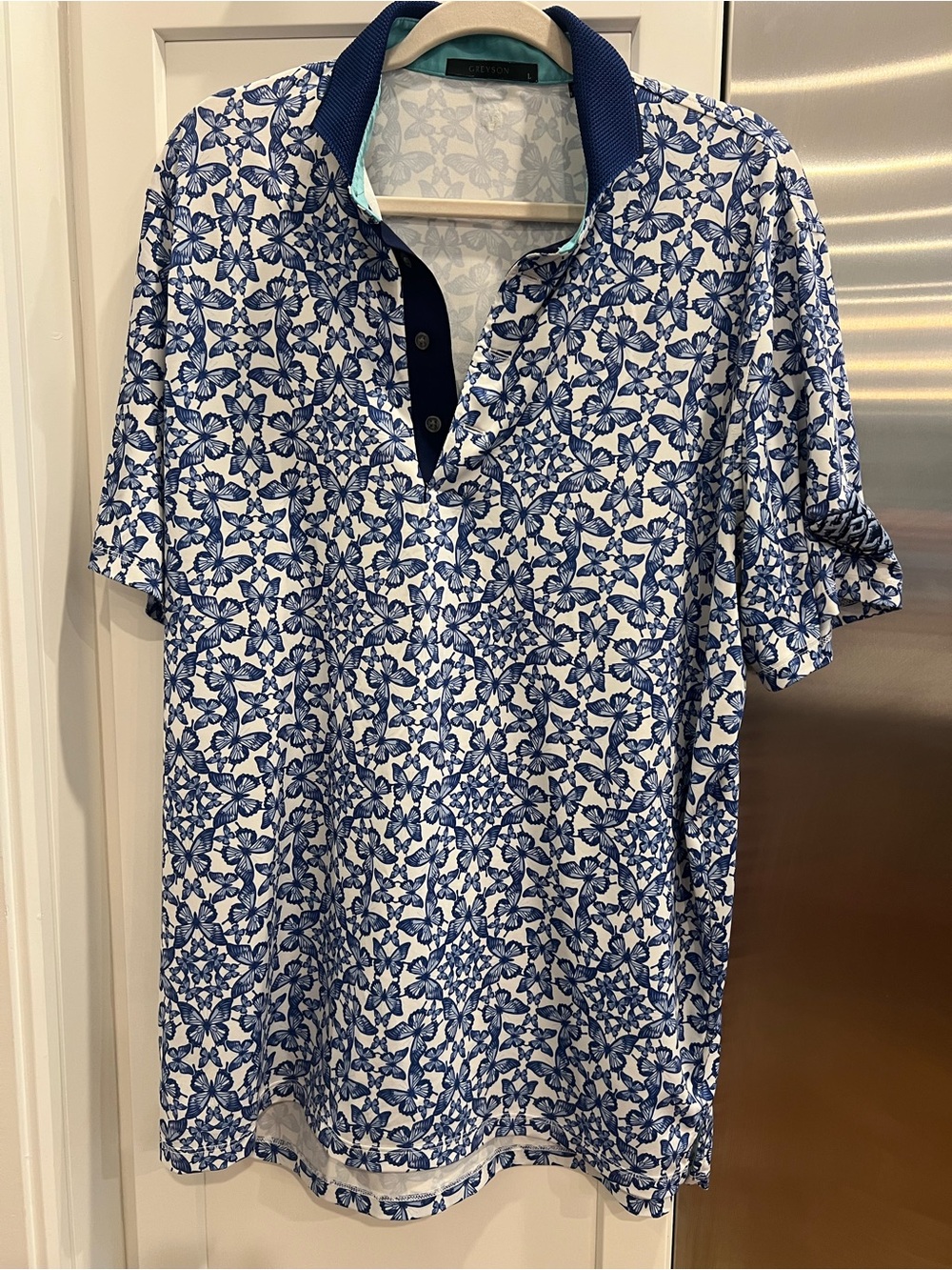 Greyson White Golf Polo with Blue Butterfly Print, Size Large